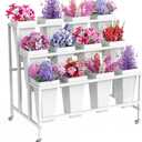 Asee'm Flower Display Stand with 12 Buckets 3 Layers Metal Plant Stand with Wheels Heavy Duty Moving Plant Cart Shelf Flower Bar Stand for Florist Indoor Outdoor Patio Garden Wedding Dector White (37"L x 23.62"W x 31.5"H)