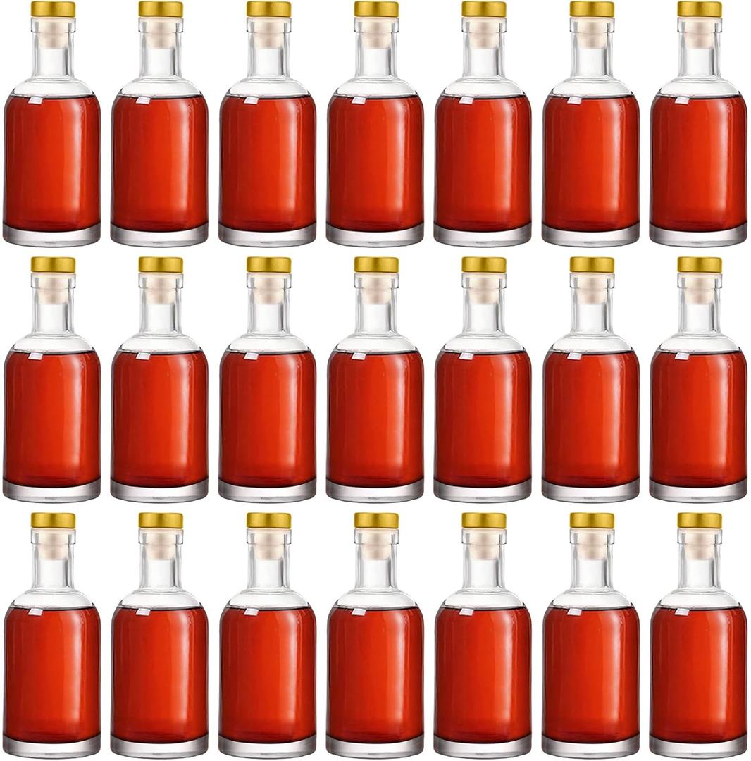 Dandat 24 Pack 6 oz Clear Glass Liquor Bottles With Cork lids Bulk Homebrewing Empty Bottles for Whiskey, Drinks Oil Vinegar, Limoncello, Beverages, Liqueurs, and Alcohol (Gold)