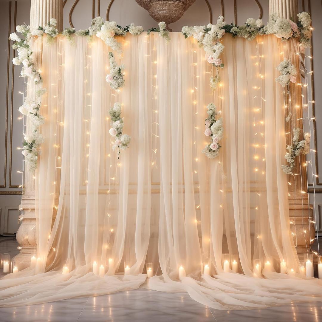10x10ft Champagne Tulle Backdrop Curtain with Lights String for Parites, Sheer Photo Backdrop Curtains for Wedding Ceremony Bridal Shower Baby Shower Birthday Party Photo Shoot Background Decorations (2 Panels(5*10FT))