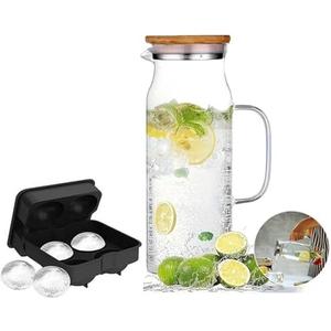 Glass Pitcher with Bamboo Lid - High Heat Resistance Stovetop Safe Pitcher for Hot/Cold Water & Iced Tea (1200ML 42oz)