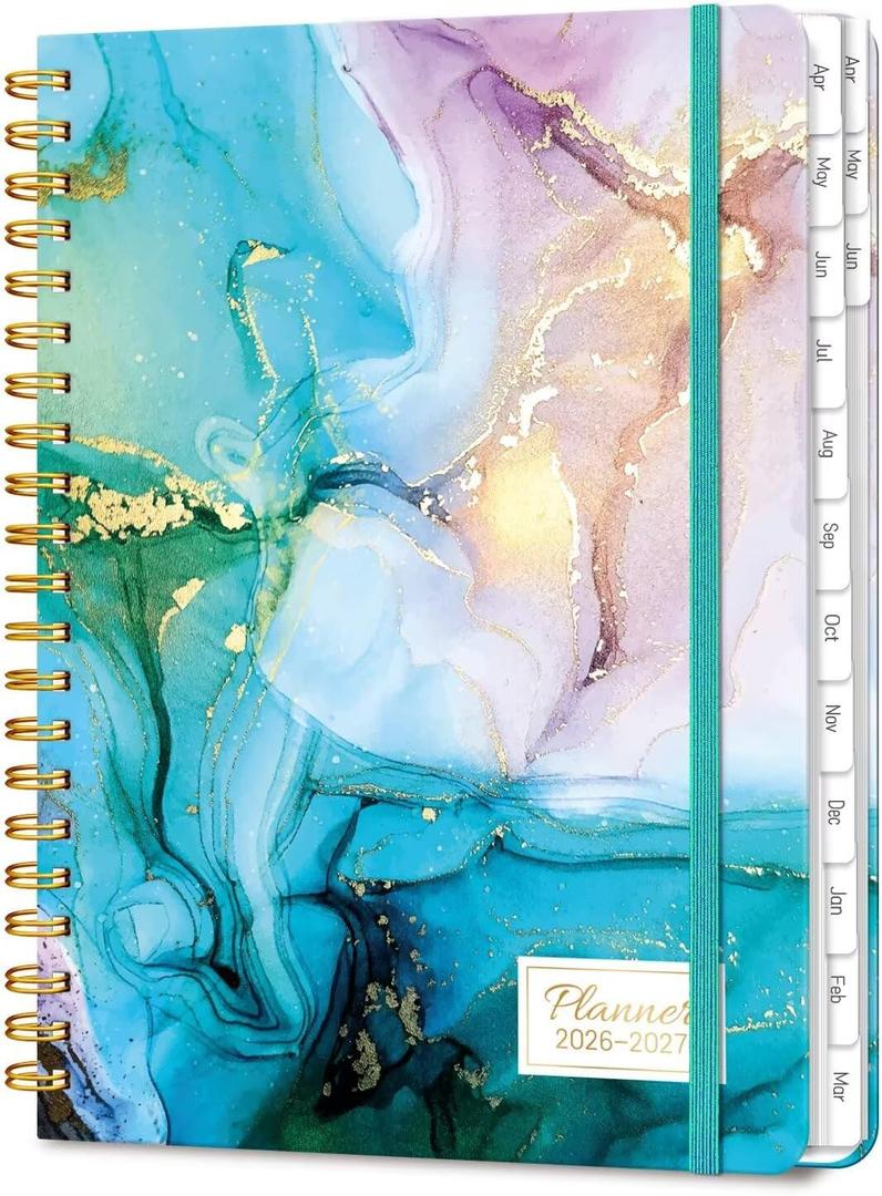 Lonely Oak Academic Planner 2026-2027, Daily Weekly and Monthly Agenda Planner 6.18" x 8.5" with Tabs, 15 Months Spiral School Year A5 Calendar from Apr.2026 to Jun.2027 for Student and Teacher (Cyan Marble)
