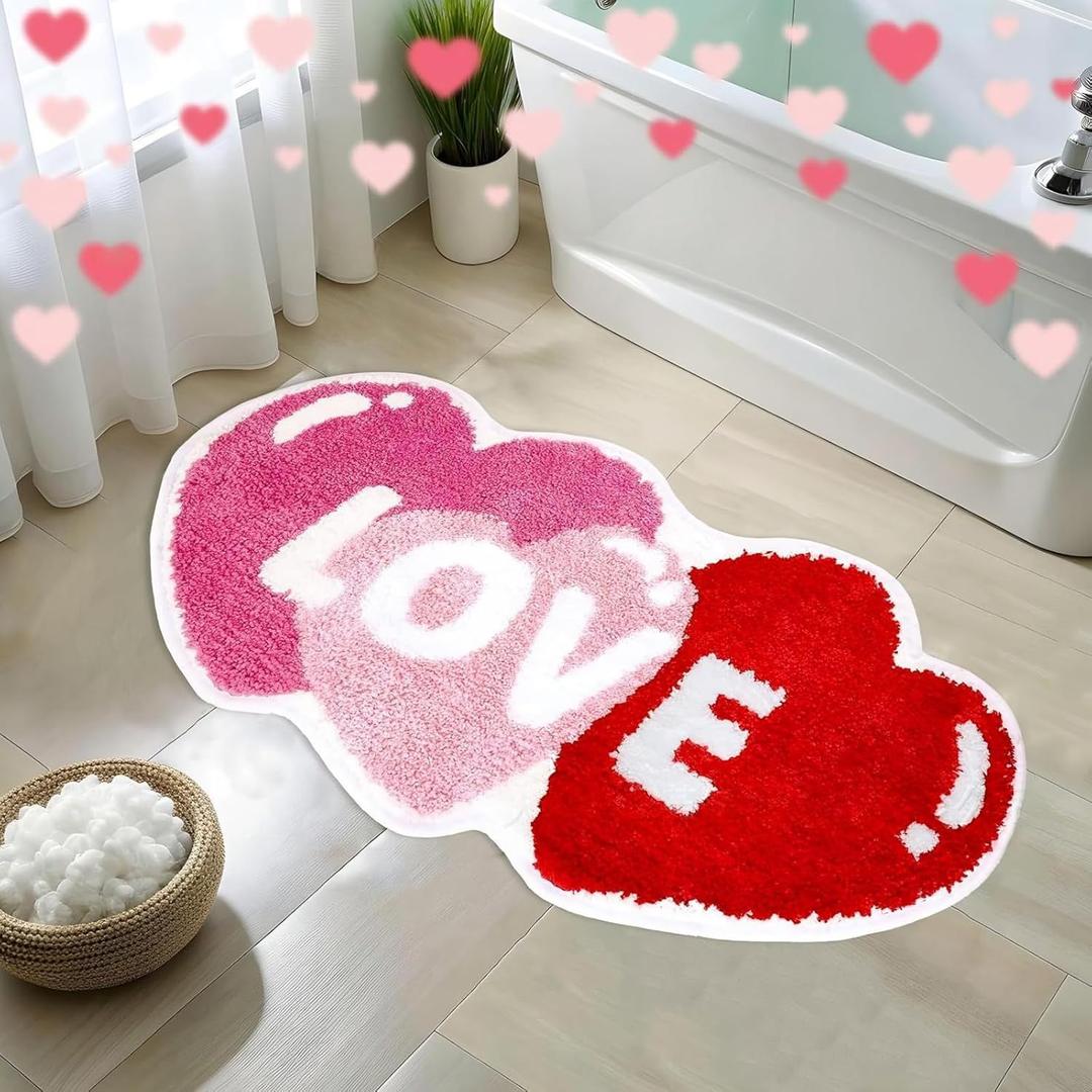 Valentines Bathroom Rug Non-Slip Love Shaped Heart Rug Pink Red Toilet Shower Mat Cute Decor for Bedroom Porch Entryway Floor Door Kitchen Washable Carpet for Home Living Room Decorations
