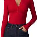 QINSEN Womens Long Sleeve Shirts 2025 Trendy Casual Henley Tops Slim Fitted Basic T-Shirts Fashion Outfits, Red, L