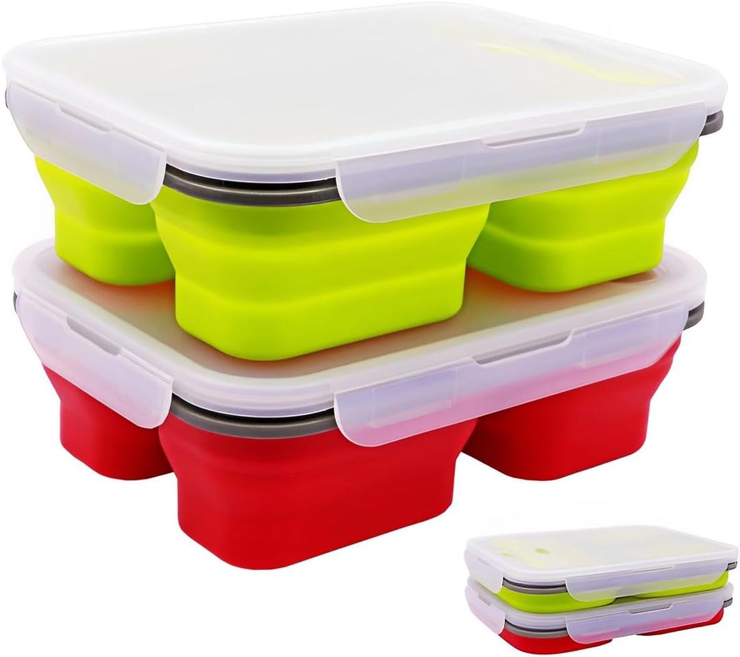1 Pack Big Size Collapsible Silicone Bento Lunch Boxes With Lids,3 Compartments Lunch Food Storage Containers, Safe in Microwave, Dishwasher and Freezer, 45.6oz, BPA Free