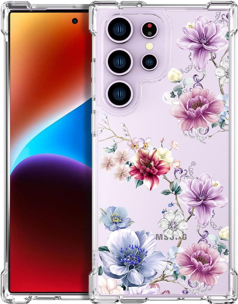 Compatible with Samsung Galaxy S23 Ultra Cases with Design, Cute Transparent Designer Phone Case for Women Girls Girly with Heavy Duty Protective Bumper (Clear Wonderful Large Flowers)