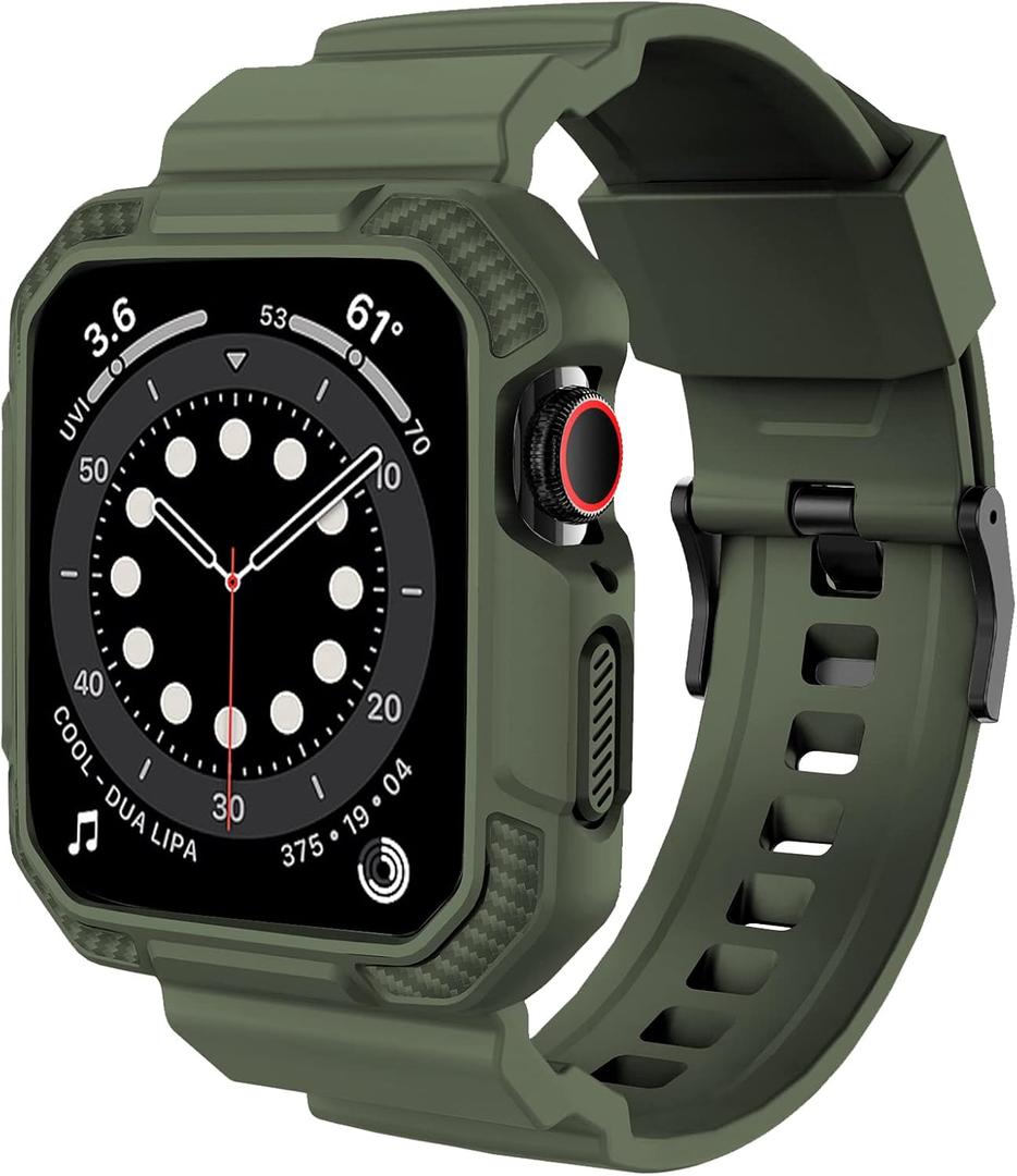 OROBAY Rugged Band Compatible with Apple Watch Band 45mm/44mm/42mm with Case, Shockproof Strap for iWatch SE3 SE2 SE Series 9/8/7/6/5/4/3/2/1 with Bumper Case Cover Men Women, Army Green