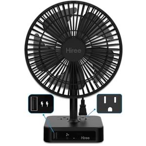 Hiree Desk Fan with USB Charging Port, 2 Speeds 6.7 Inch Small Desktop Table Fan with USB Charger, AC Outlets, Strong Wind, Quiet Operation - Personal Fan for Bedroom, Home, Office and Dorm Room