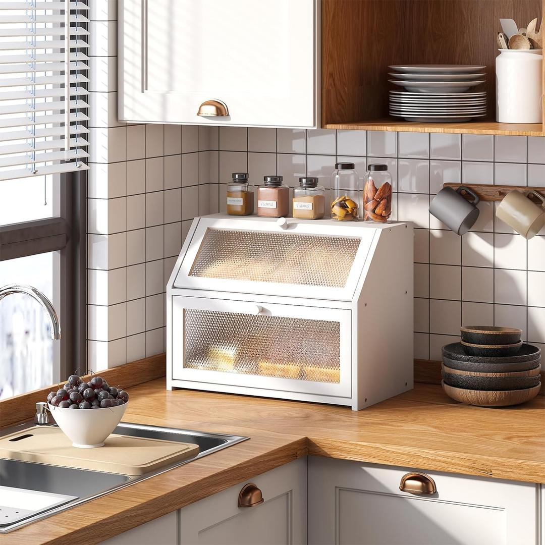 Bread Box for Kitchen Countertop Bin Double Layer Bread Box Storage Container Extra Large Capacity Farmhouse with Diamond Pattern Windows (White, Large)