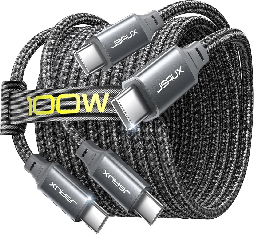 JSAUX 100W USB C to USB C Cable [2-Pack 10FT], Type C Fast Charging Cord for Samsung S26, iPhone 17e/iPhone 17/iPhone Air/iPhone 17 Pro Max, iPhone 16/15 Series, Galaxy S/Note, MacBook, iPad - Grey