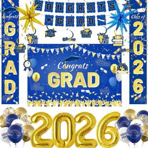 Graduation Decorations Class of 2026 - Blue and Gold Grad Graduation Party Supplies with Dark Blue and Gold White Balloons, Banner, Backdrop, Hanging Swirl Kit, Porch Sign, Foil Balloons 2026