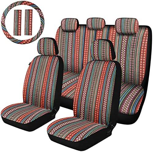 AKAUTO Baja Saddle Blanket Car Seat Covers Full Set with Seat Belt Pads and Steering Wheel Cover, Universal Colorful Striped Woven Interior Cover for Sedan, SUV, Truck, Airbag Compatible
