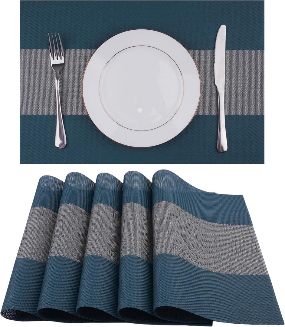 WAZAIGUR Woven Vinyl Placemats,Washable Easy to Clean Table Placemats (Set of 6, Blue Grey) WAZAIGUR Woven Vinyl Placemats,Washable Easy to Clean Table Placemats (Set of 6, Blue Grey)