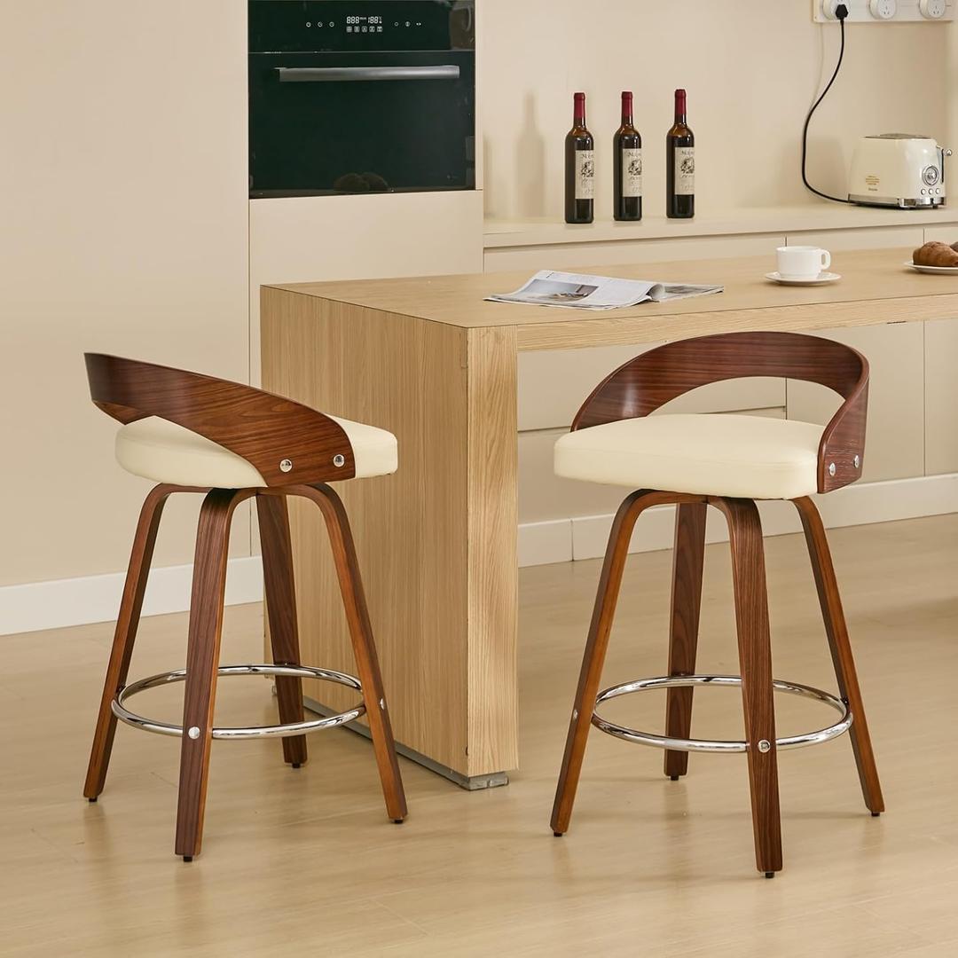 Swivel Bar Stools Set of 2, 25" Counter Height Barstools with Low Back and Walnut Wood Legs, Mid-Century Modern Faux Leather Upholstered Bar Chairs, Easy Assembly (Beige)