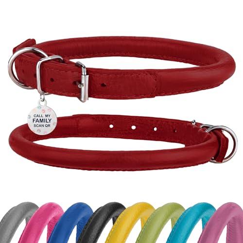 Rolled Leather Dog Collar Soft Round Collars, ID Tag for Small Medium Large Dogs (11-14 inch, Imperial Red)