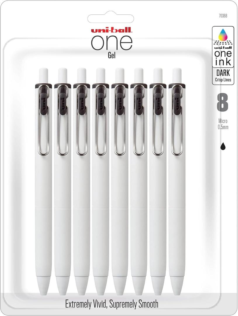 Uniball One Retractable & Refillable Gel Pen, 0.5mm Micro Tip, Black Ink, 8 Pens