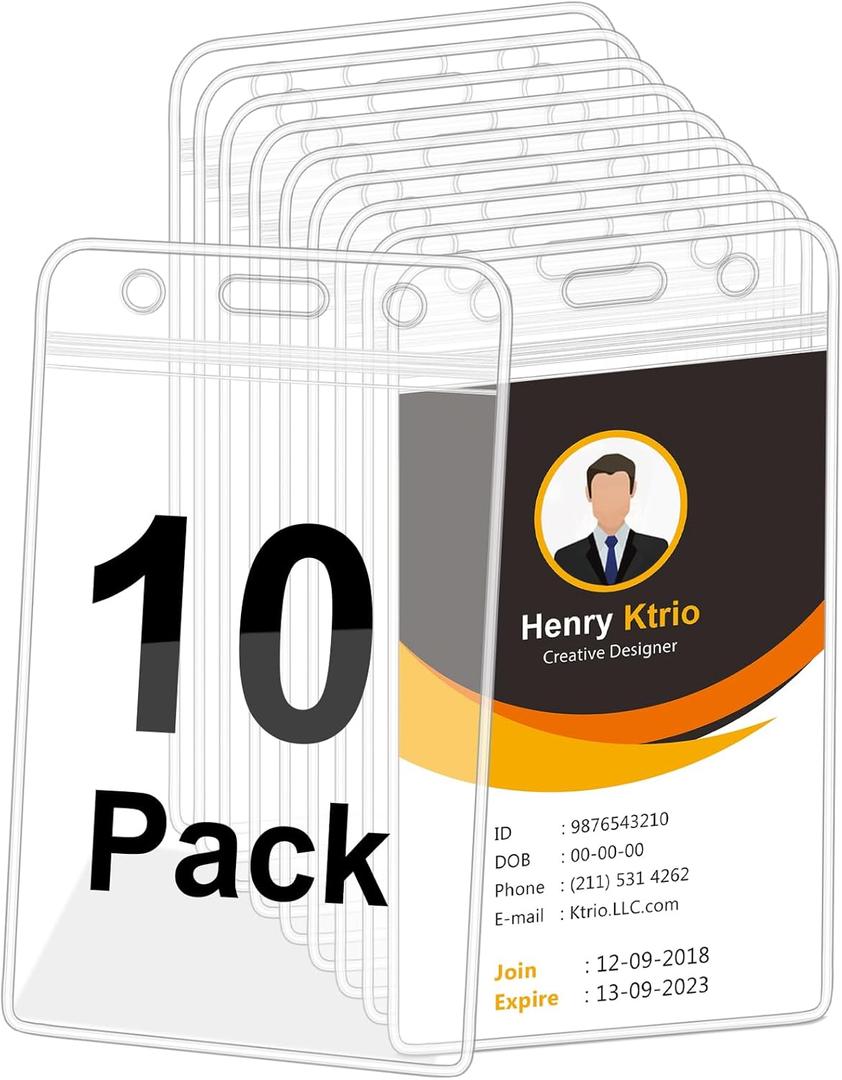 KTRIO 10 Pack Clear Vertical ID Badge Holder with Resealable Zip, Waterproof Card Holder for ID Cards, RFID Cards, Proximity Cards and Credit Cards