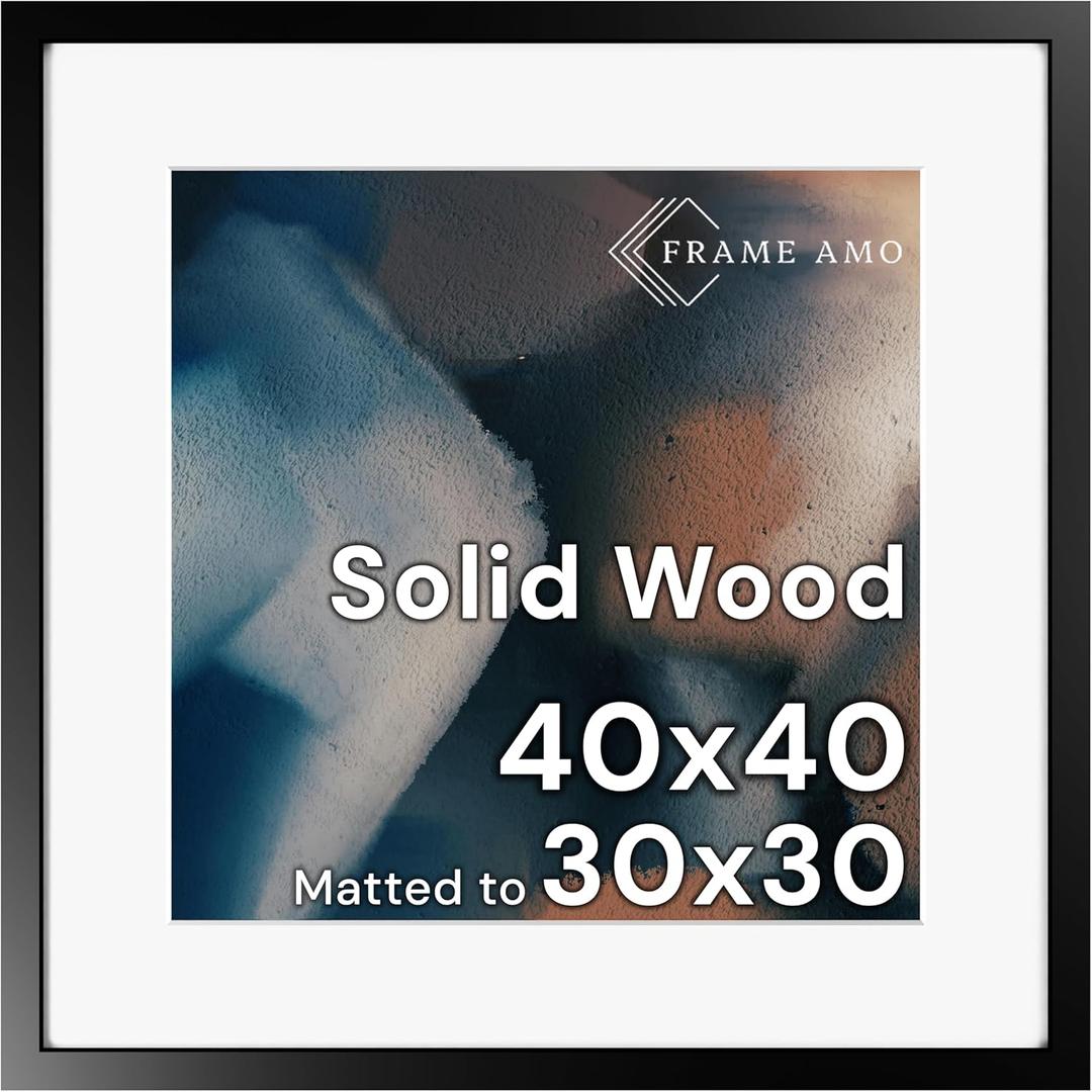 Frame Amo 40x40 Solid Wood Poster Frame Black, with 29.5x29.5 White Mat Opening for 30x30 Image, 1.5 inch Wide, 1 inch Thick, Acrylic Front, Gallery Grade