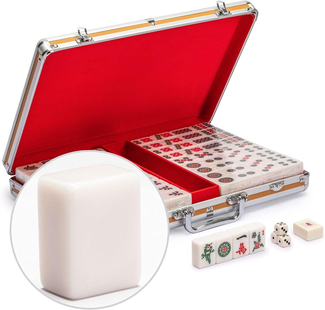 Yellow Mountain Imports Champion-Size Chinese Mahjong Set -146 Large Melamine Tiles, Dice, Wind Indicator & Aluminum Case - No Numbers or Letters - Chinese Style Gameplay Only (White)