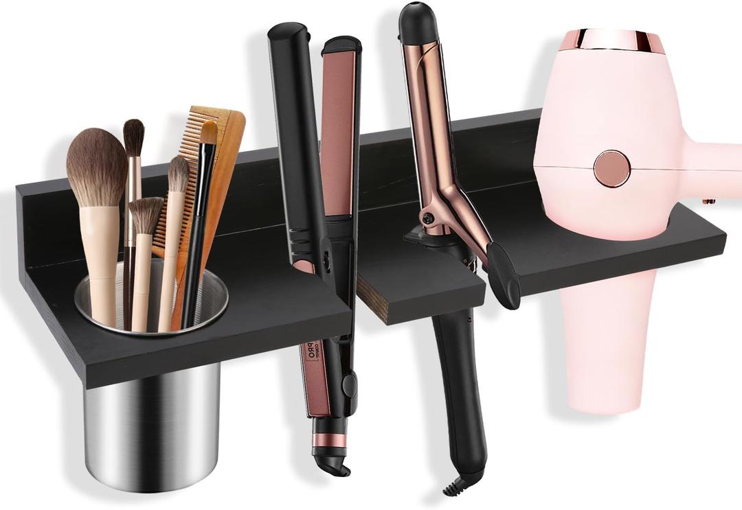 Hair Tool Organizer for Bathroom  Wall Mounted Hair Dryer Holder with Heat-Resistant Cups, Curling Iron & Straightener Rack, Blow Dryer Organizer for Vanity or Wall (Black)