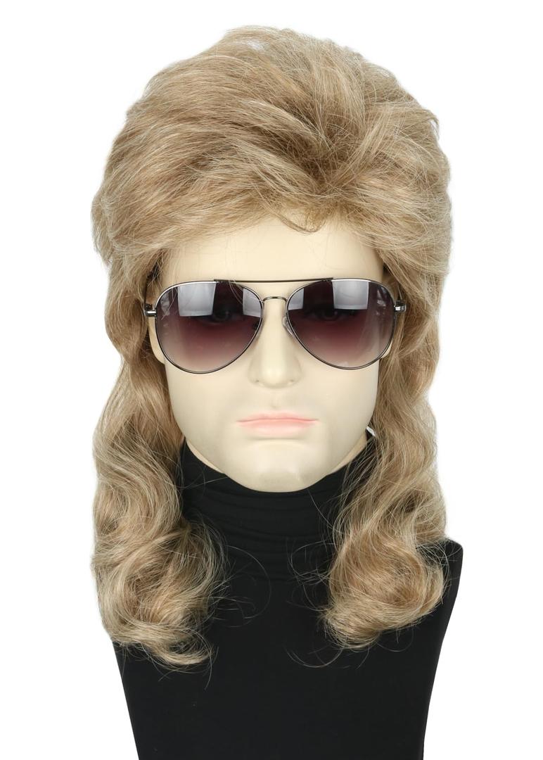 Men Wigs 80s Mullet Wig Light Brown Long Curly Halloween Costumes Party Funny Man Wig
