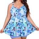 NIeyook Plus Size Swimsuit for Women Tankini Bathing Suit Tummy Control Swim Dress Two Piece Swimsuits with Shorts (Blue Purple Floral, 26+)
