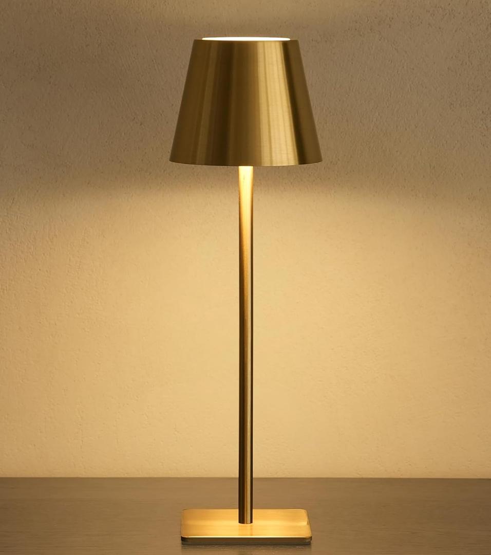 UME Cordless Table Lamp, Battery Operated Lamp - Portable Waterproof Rechargeable Table Lamp w/ 3 Color Temps & Stepless Dimming for Dinner, Desk, Cafe, Outdoor (Brushed Gold) (1 Pack)