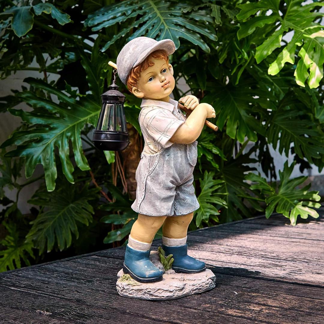 Solar Boy Statue, Boy Garden Statues with Solar Lantern for Garden, Patio, Lawn, Yard, Housewarming, Hand-Painted Sculpted Figure, 17.5H