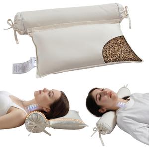 Buckwheat Pillow - 3 Point Support Buckwheat Hull Pillow for Less Pain, 2IN1 Tartary Buckwheat Neck Roll Pillow for Best Support, Adjustable Cervical Neck Pillow with Organic Cotton Pillowcase (18.1*16.1in, Off White)