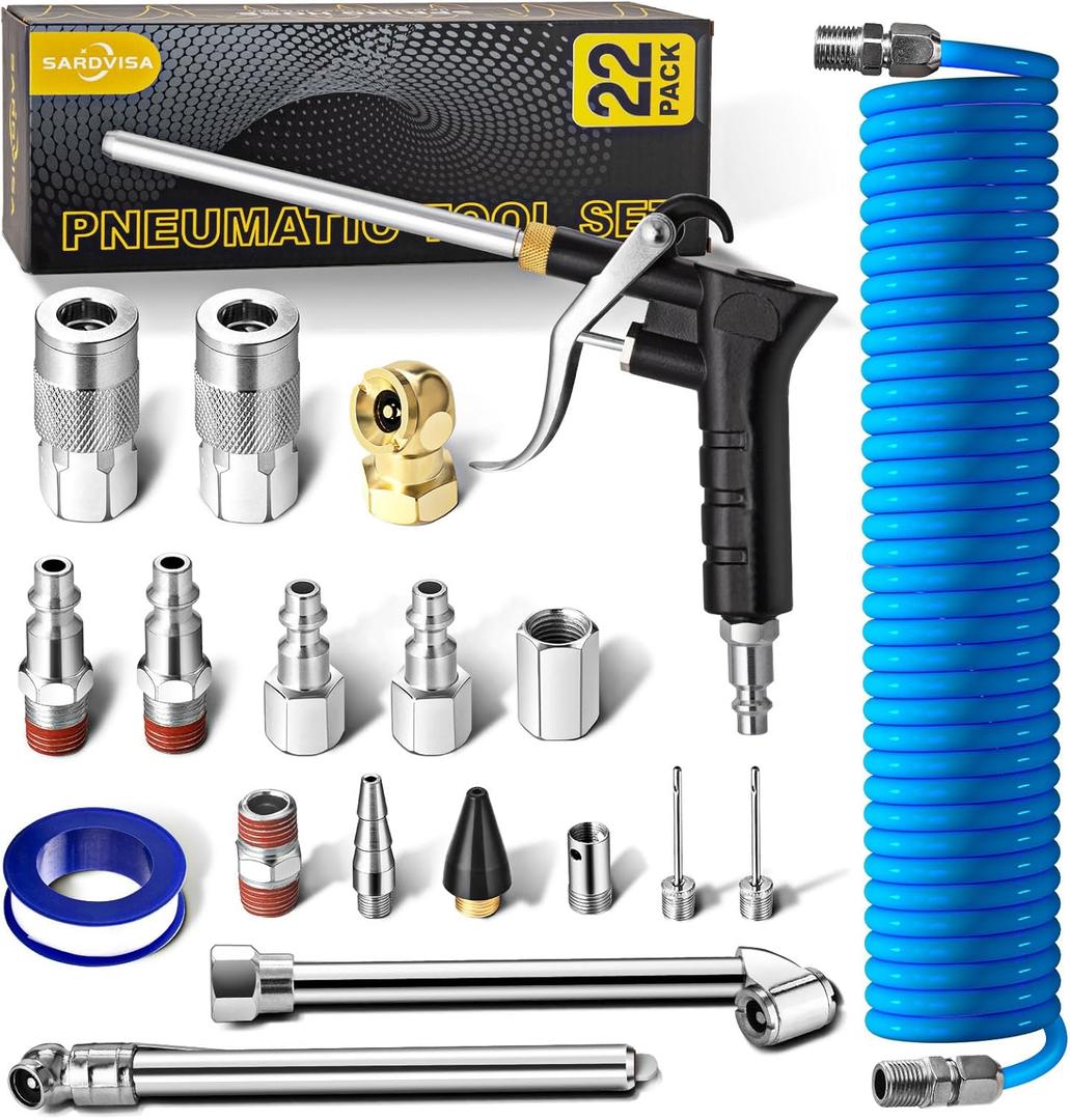 SARDVISA 22-Packs Air Compressor Accessories Kit, 25FT Upgrade Repairable PU Air Hose with 1/4'' NPT Air Tool Kit, Air Blow Gun/Air Chuck/Tire Gauge, Pneumatic Tool Set