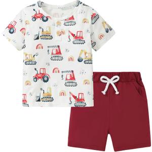 Coco&RARA Toddler Boy Clothes Outfits Kid Summer Hawaiian Print T-Shirt + Elastic Waist Pockets Shorts Clothes Set (Red), Size: 3-4T