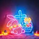 Easter Bunny Cross Neon Signs for Wall Decorations, LED Easter Rabbit Egg Basket Lights Gifts Christian Wall Art USB Dimmable, Colorful Neon Window Lights for Party Bedroom Office Door Bar Church, 15.7 inches by 17.7 inches
