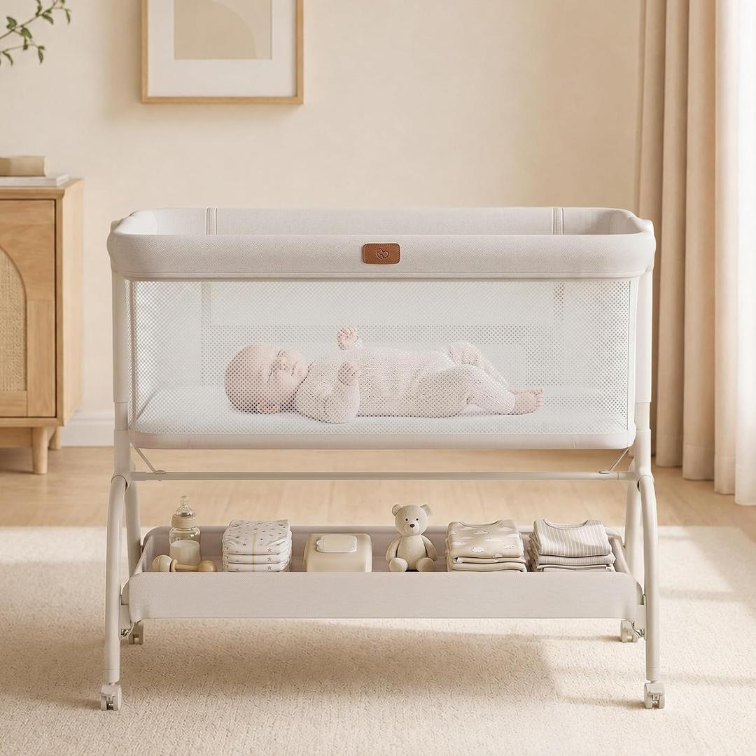 Baby Bassinet Bedside Sleeper, 3-in-1 Newborn Crib with Soft & Breathable Mattress, 6 Adjustable Heights & Anti-Reflux Incline, Breathable Mesh ASTM & CPSC Certified