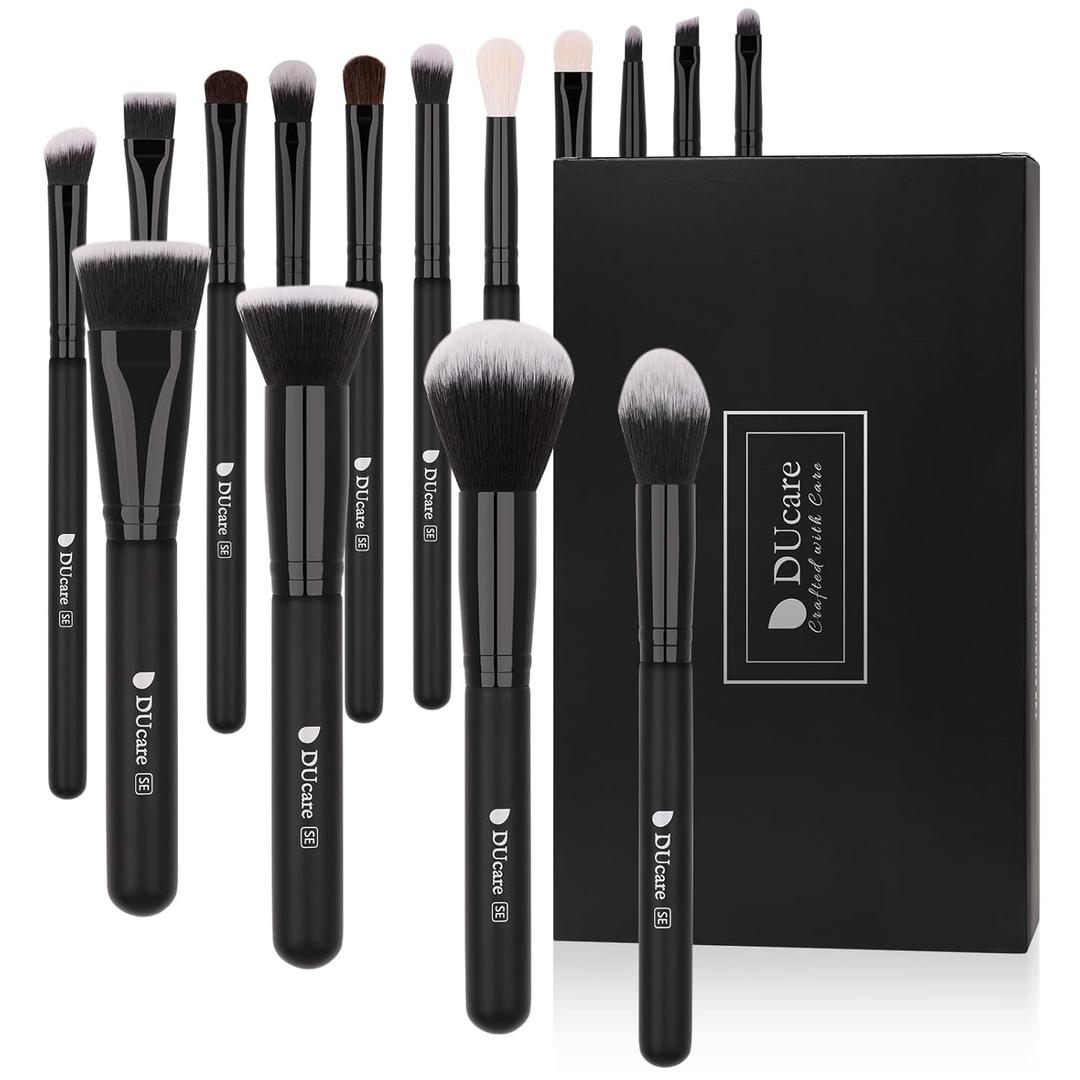 DUcare Makeup Brushes 15Pcs Premium Synthetic Kabuki Makeup Brush Set, Professional Foundation Concealers Powder Blush Blending Face Eye Shadows Black Brush Sets