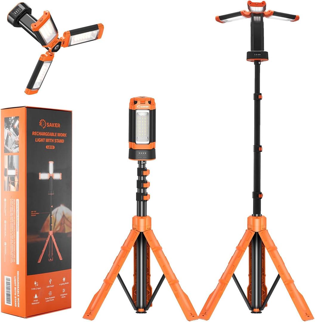 Saker Portable Camping Light with Stand 12000mAh 73.2" Rechargeable Work Light 3200 Lumen Camp Lanterns with Bag for Garage, Outdoor Work, Emergency Power Outages, Fishing LD10 Orange