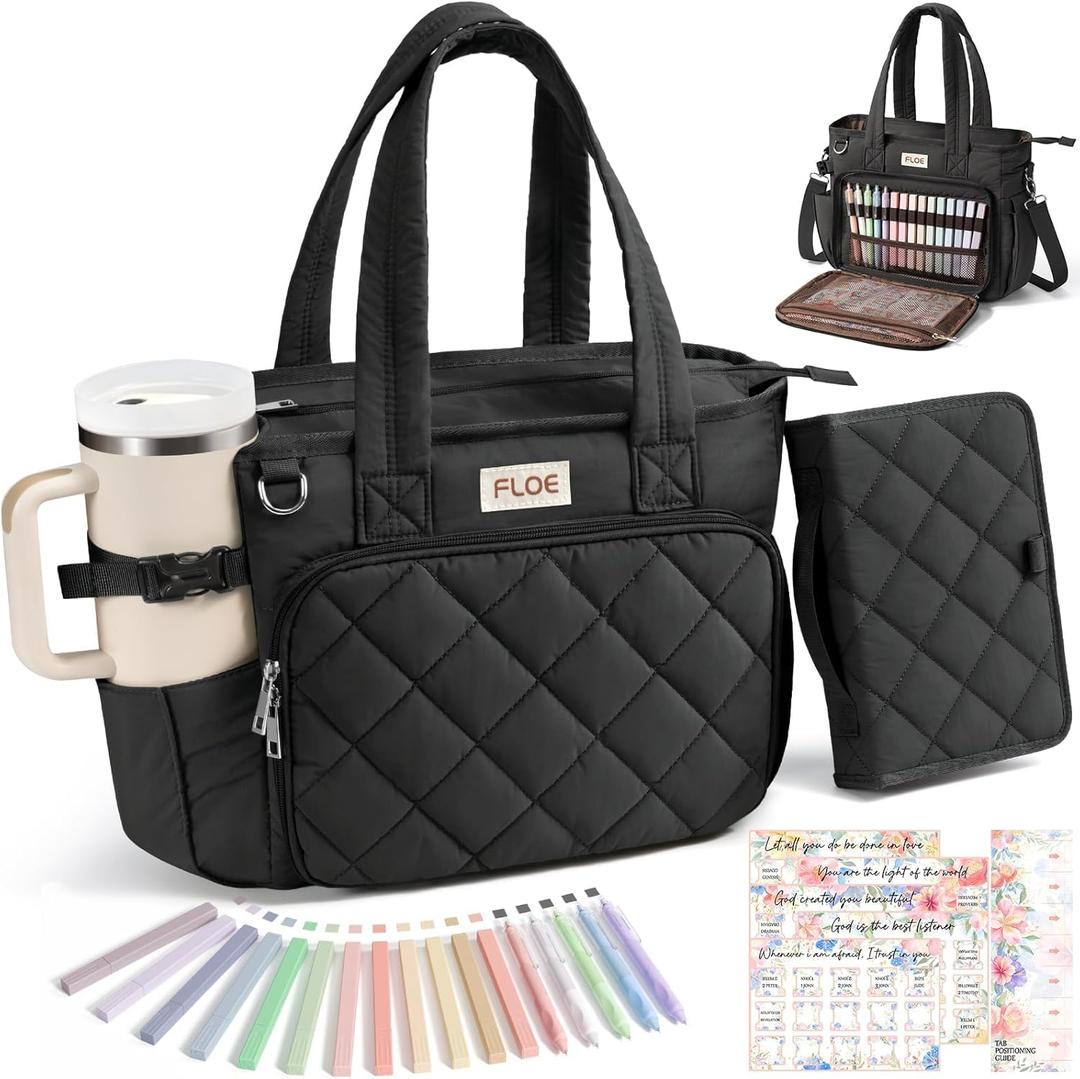 Large Bible Bag w/Bible Cover Case for Women, Puffer Bible Tote Bag Quilted Church Bag Book Carrying Case w/Shoulder Strap, Bible Study Supplies Journaling Kit Accessories Women Christian Easter Gift