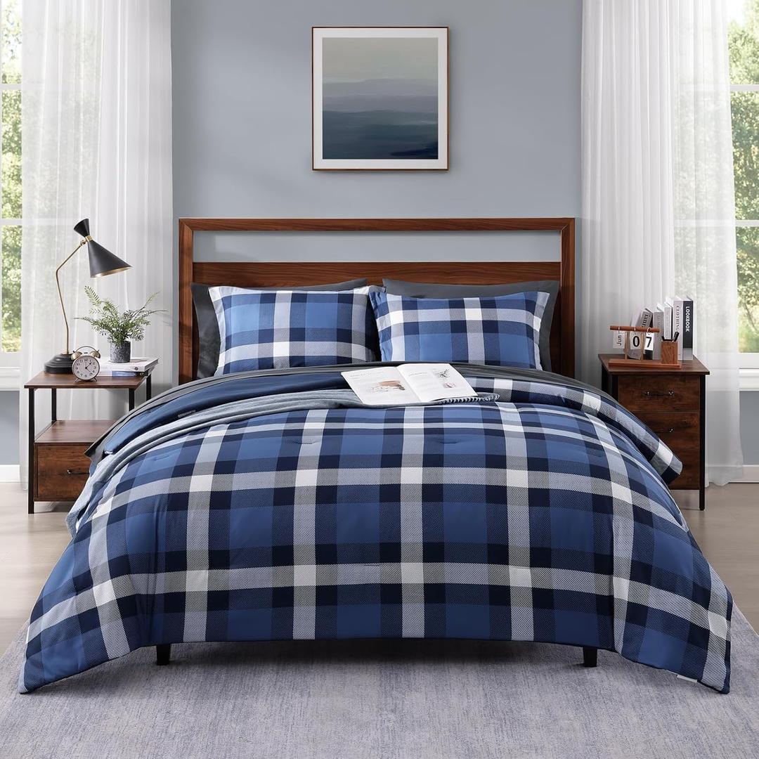 MaiRve Queen Size Plaid Comforter Set Indigo Blue, Classic Checkered 7 Pieces Farmhouse Bedding Set, All Season Lightweight Bed in A Bag with Sheets, Pillowcases & Shams