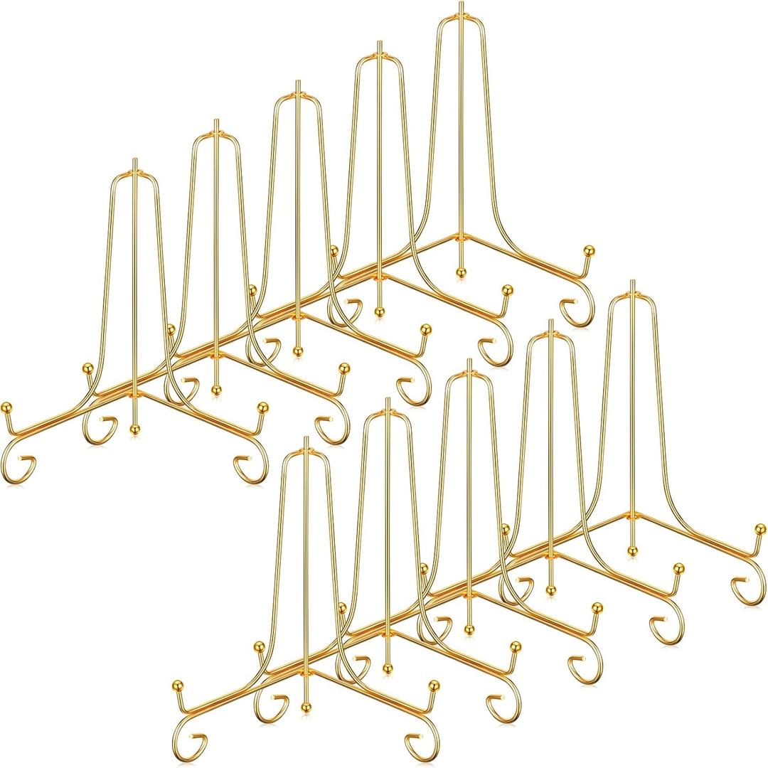 10 Pack 8 Inch Iron Plate Stands for Display, Plate Holder Display Stand, Gold Easel Stands for Photo, Picture Frame, Decorative Plate, Dish, Book and Tabletop Art (Gold, 8 Inch)