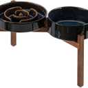 Ceramic 1.6 Cup Raised Slow Feeder Dog Bowl Set, Elevated 7.3inch Bowl and 8.2inch Dish with Acacia Wood Stand for Medium and Large Dog(2 x Starry Sky+ Stand)