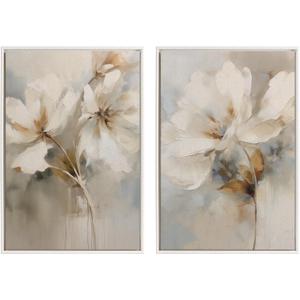 Kate and Laurel Sylvie Beaded Abstract Botanical Floral Linen Painting 1 and 2 Vintage Framed Canvas Wall Art Set by The Creative Bunch Studio, 2 Piece Set 23x33 White, Simple Floral Art for Wall