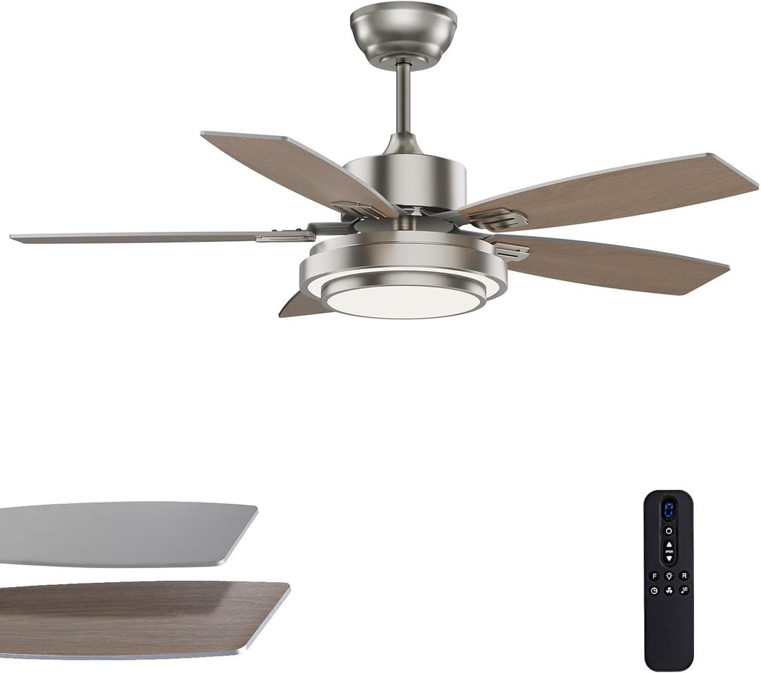 42 Inch Nickel Ceiling Fans with Lights and Remote Control for Bedroom, Modern Ceiling Fan with Quiet Reversible DC Motor, 3CCT, Dimmable, LED for Living Room, Patio, Indoor and Outdoor