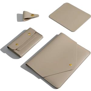 PU Leather Laptop Sleeve Compatible with New 14 inch MacBook Pro A2992 A2918 A2779 A2442,Old MacBook Pro Air 13, Surface Laptop 5th Gen 13.5, Thinkpad X1 Carbon 14 Set of 4PCS Color Khaki (14Inch Laptop)