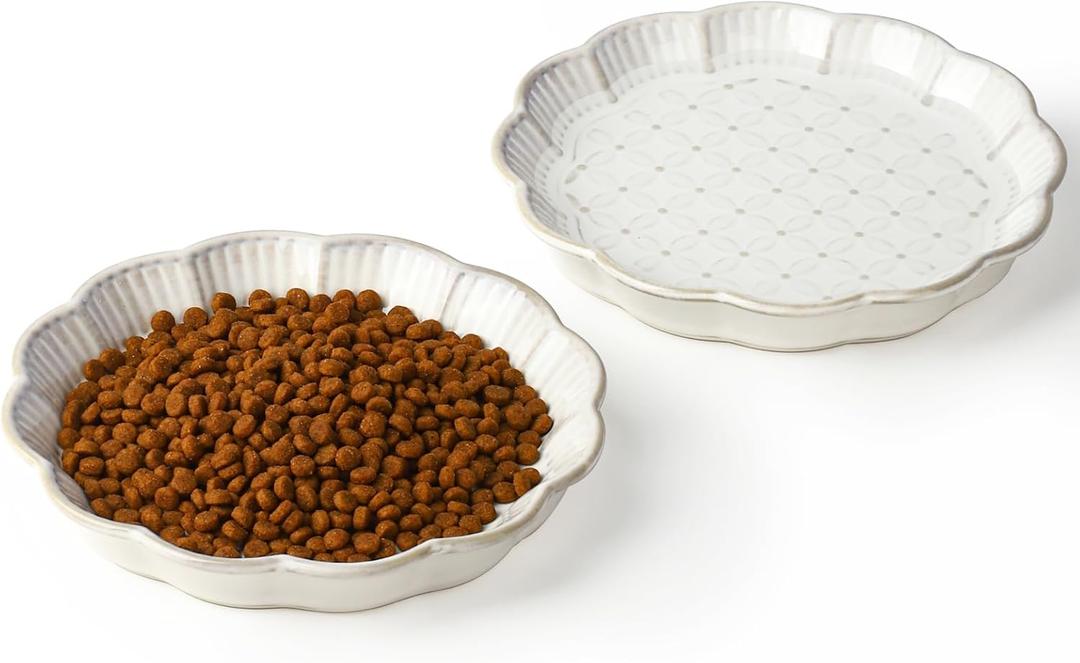 Ceramic Cat Bowls Embossed, Set of 2 Shallow Cat Bowl for Food and Water, 6.1 inch Whisker Friendly Cats Dish Pet Food Plates for Small Dog Puppies and Cats