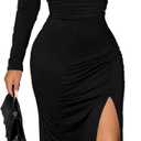 Boncun Elegant Long Sleeve Fall Wedding Guest Dress for Women 2025 - Formal Cocktail Maxi Dress with Deep V-Neck (Large, Black)