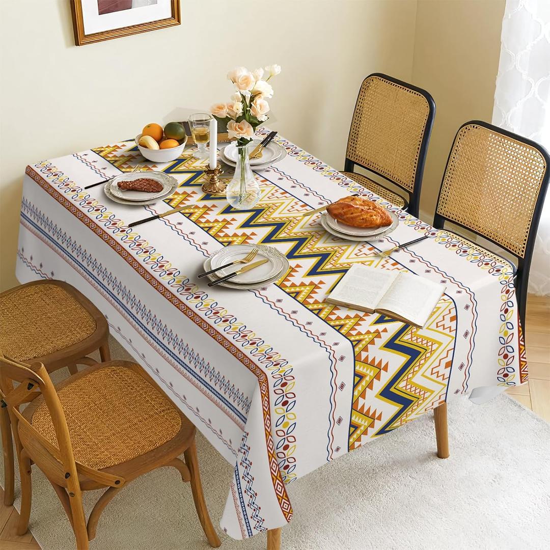 Bohemian Style Waterproof Fabric Tablecloth,Rectangle Watercolor Oil-Proof Wrinkle Resistant Table Cover for Dining Table, Buffet Parties and Camping,Ethnic Style,(60" x 120" inch)
