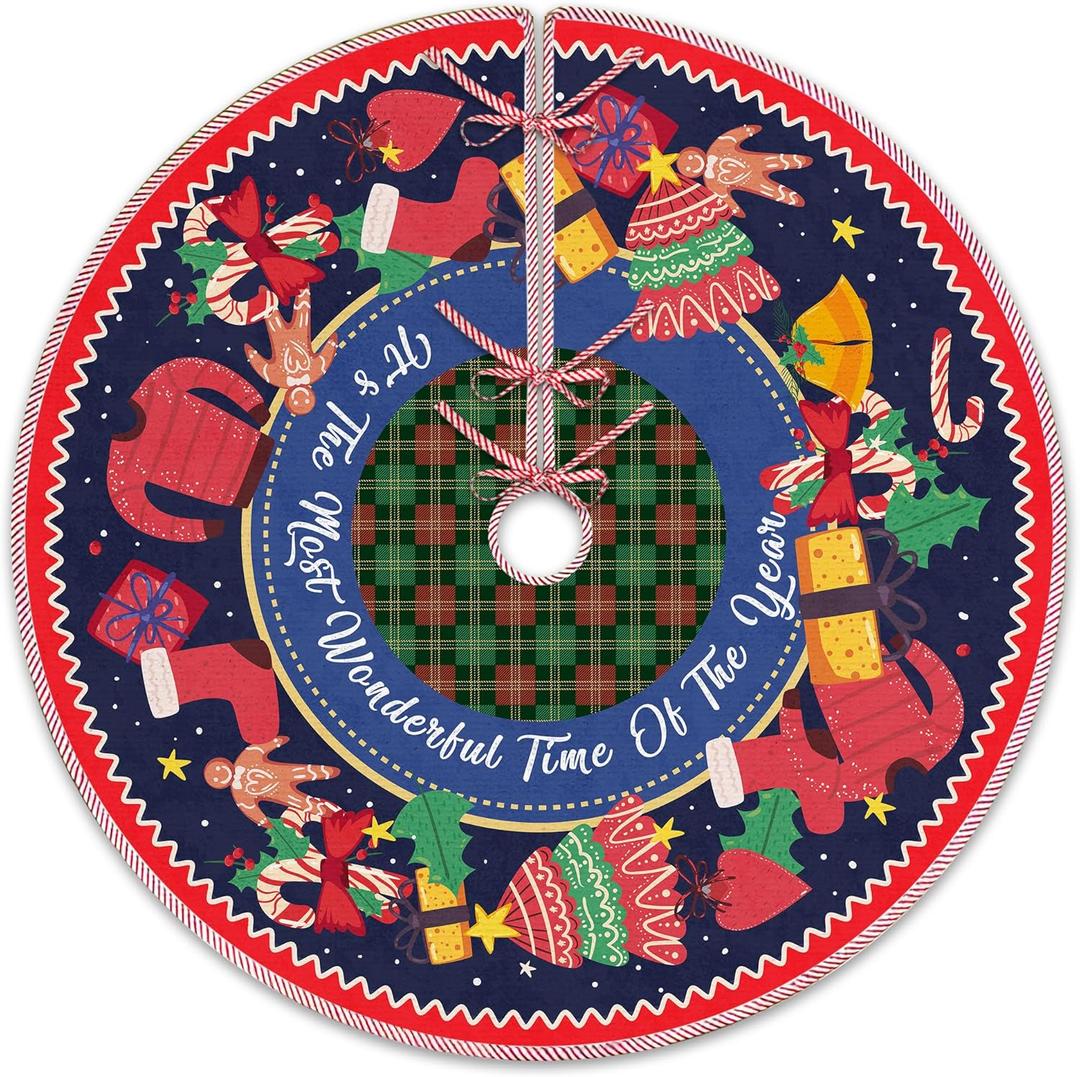 Vintage Red and Blue Christmas Tree Skirt, It's The Most Onederful Time of The Year Decor, Xmas Tree Mat Ornaments for Winter New Year Home Party Holiday Indoor Decor, 36 Inch (Wonderful)