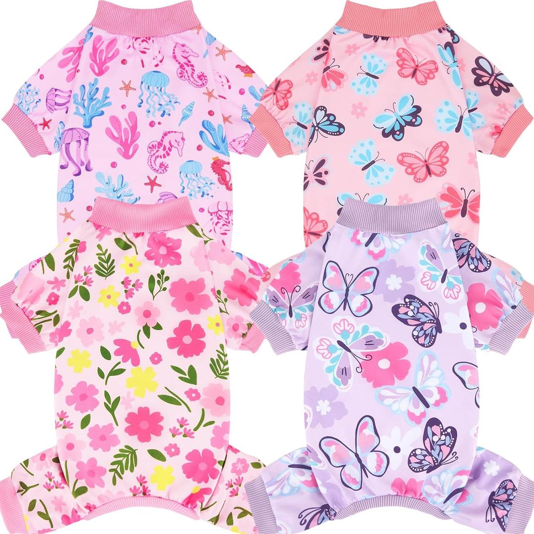 XPUDAC 4 Pack Dog Pajamas Soft Strechy Summer Dog Pjs Puppy Clothes for Small Medium Dogs Boy Girl Cat Pet Outfits, Small (Small(Chest-14" Back-10" Neck-9.5"))