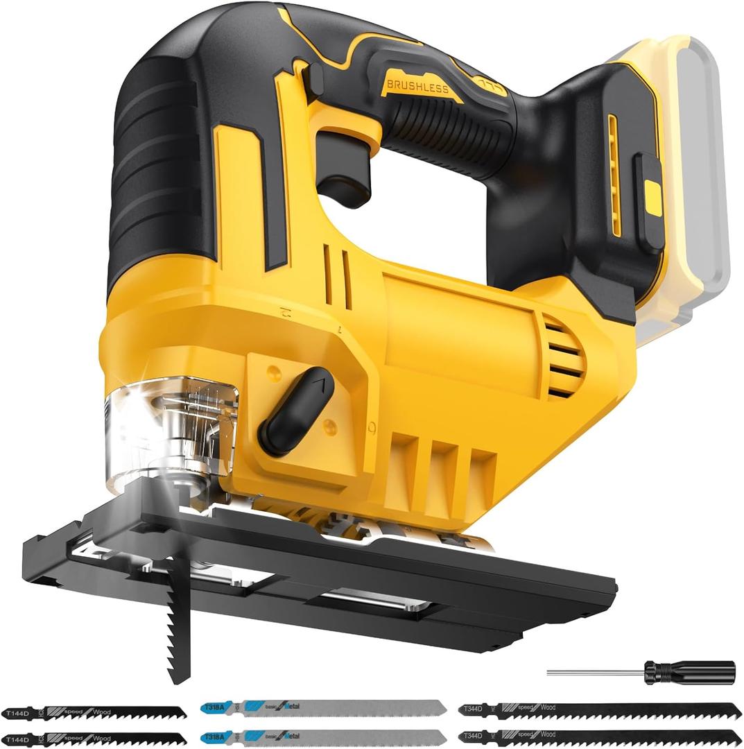 Cordless Jig Saw for Dewalt 20v Max Battery, Brushless Orbital Jigsaw, 0- 45 Bevel Cuts, 3 Orbital Settings with LED Light for Straight Curve Circle Cutting (No Battery)