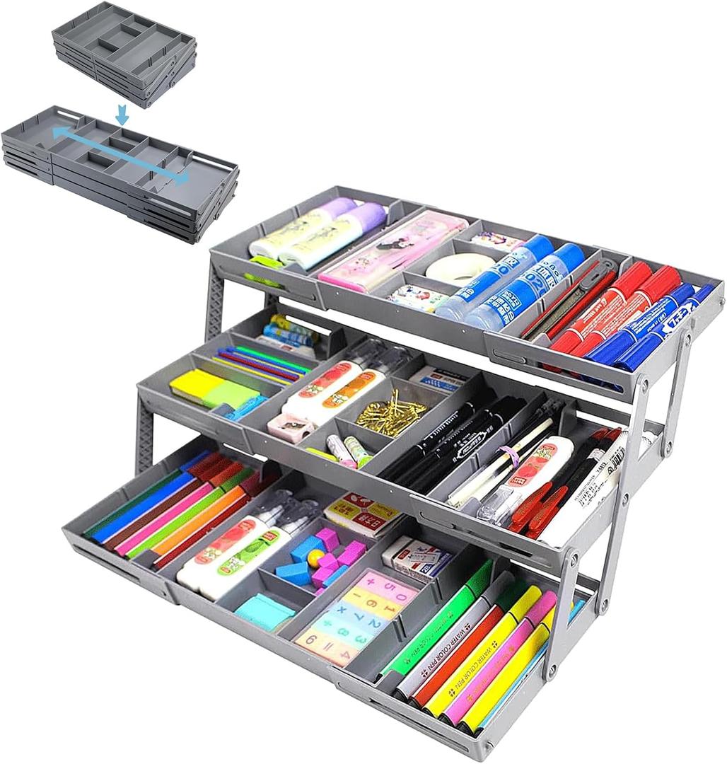 multi level smart drawer organizer, 3-Tier Expandable Multi-Level Folding Smart Drawer for Makeup, Jewelry,Desk Organizer,Office Supplies (GRAY)