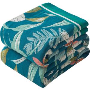 Boho Throw Blanket Twin Size, Soft Cozy Cotton Muslin Quilt Blanket for Bed Decor, Floral Patterned Couch Sofa Chair Cover, Vintage Farmhouse Cottage Tapestry Woven Blanket, Teal&Green (60" x 80", Summer Petals)