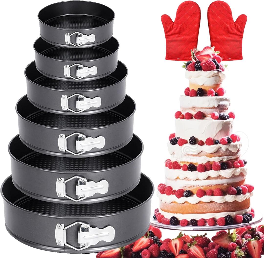 Springform Cake Pan Set, Non-stick 6pcs(7 8 8.5 9.5 10 11Inch) Cheesecake Pan Removable Bottom, Leakproof Round Spring Form Pans Cake Pans Sets for Baking, Included 2pcs Silicone Baking Gloves